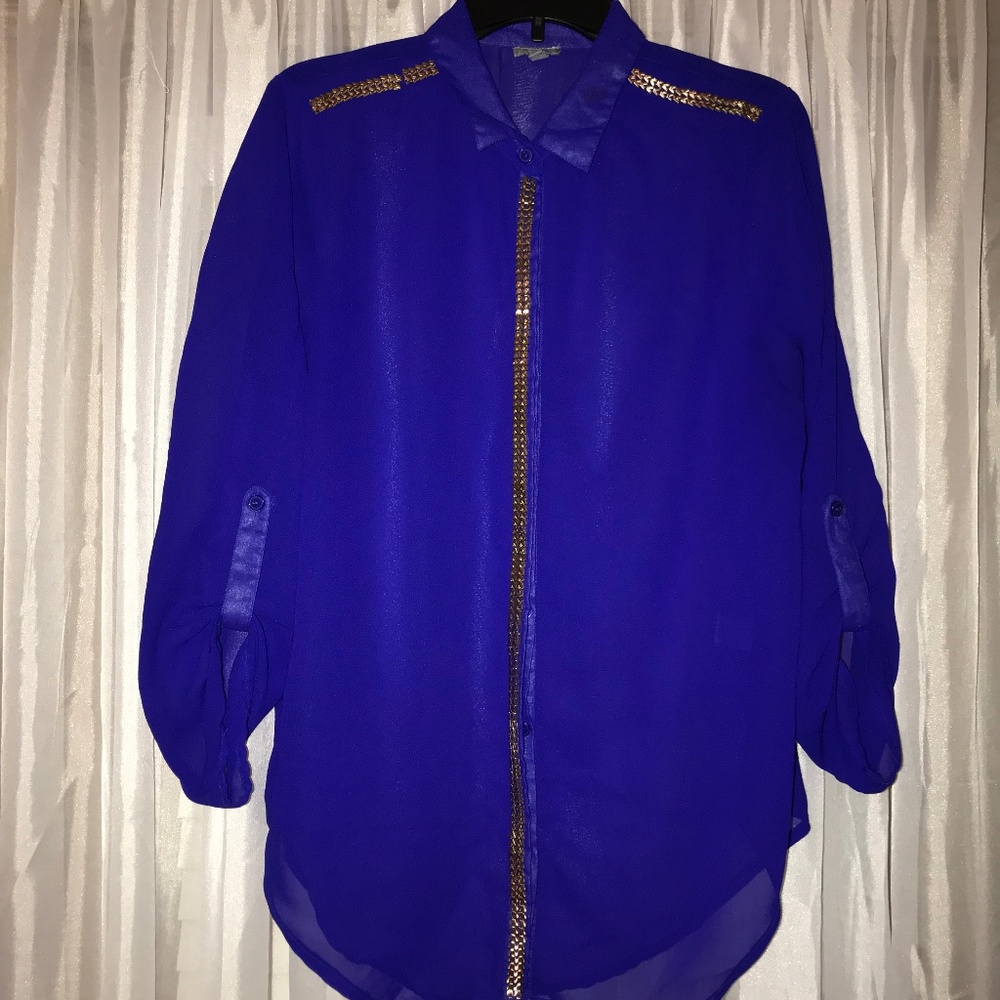 Blue & Gold Sheer Button Up • L • Charlotte Russe